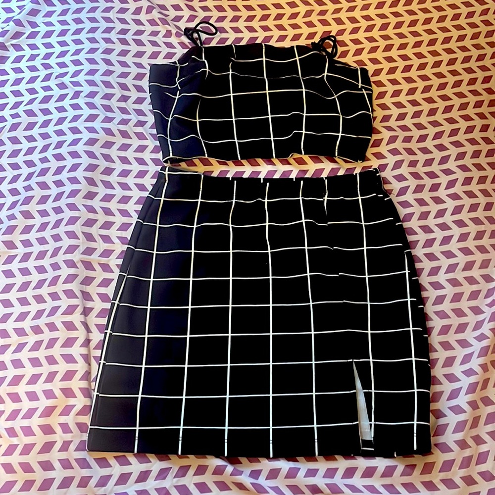 Grid Cami Top& Split skirt set